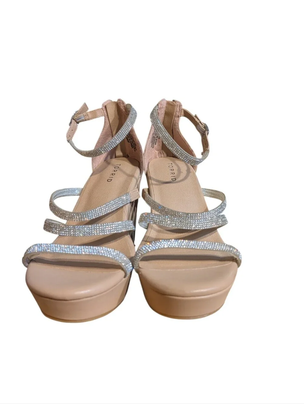 Torrid Embellished Lucite Multi Strap Wedge Sandals Nude/Clear Rhinestone 8WW